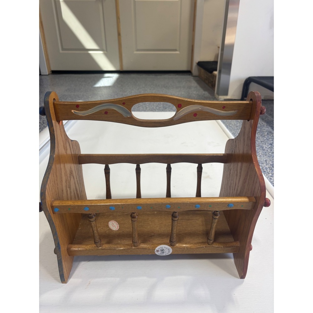 Vintage Hand Painted Mushroom Wood Magazine Rack Cottagecore Spindle Caddy 15in - Picture 4 of 9